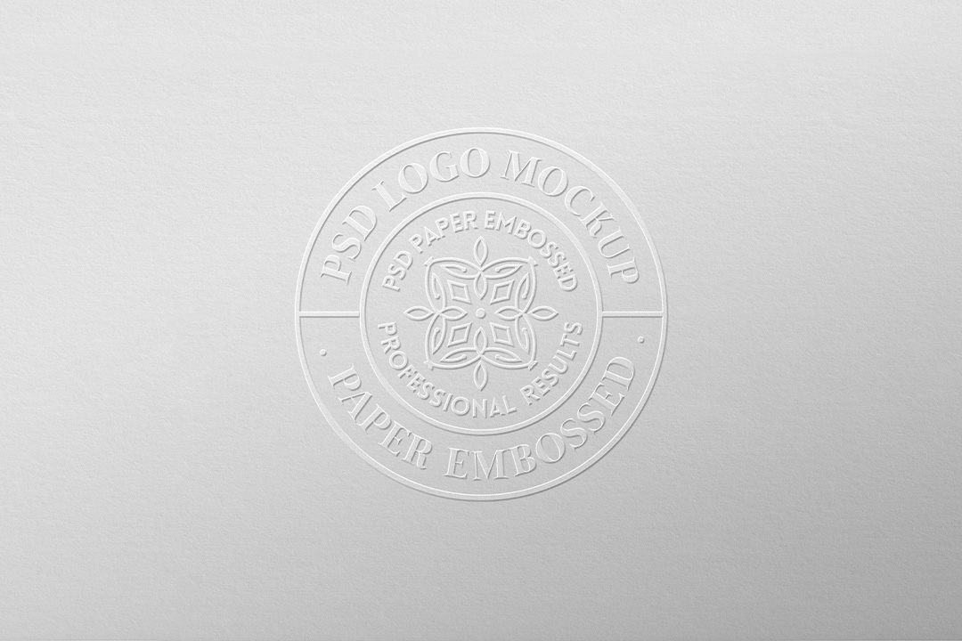 Blind embossed logo mockup with a circular badge raised in white paper without ink, centered flat view