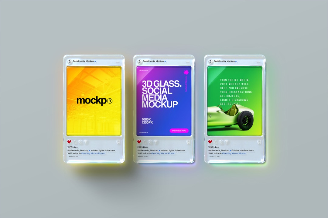 3D glass Instagram post mockup showing three translucent glass posts in yellow, purple and green on grey background