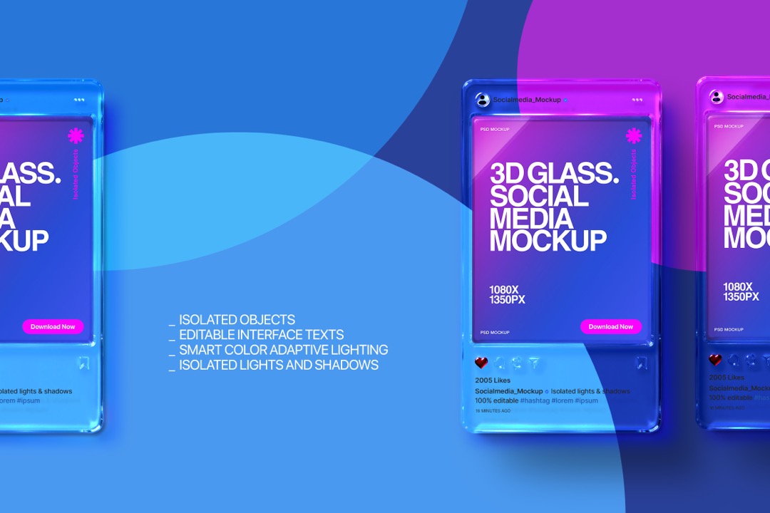 3D glass Instagram post mockup on blue and magenta background listing isolated objects, editable interface texts and adaptive lighting