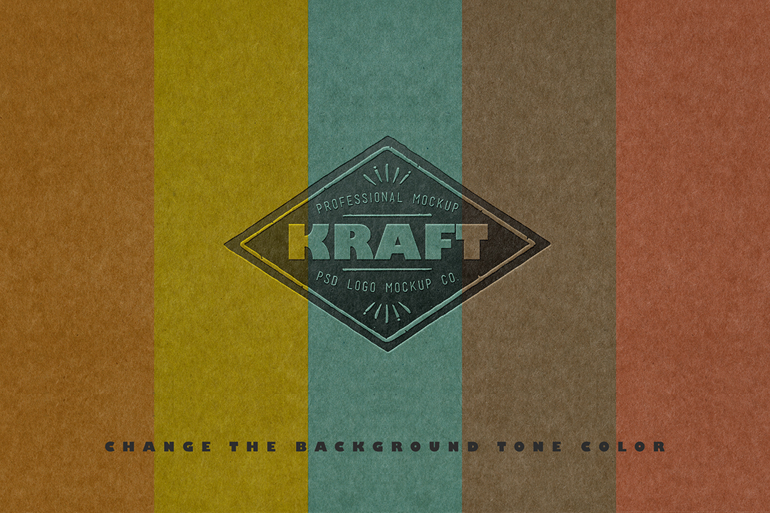 Kraft paper logo mockup shown over five paper tones, orange yellow teal grey and terracotta vertical bands