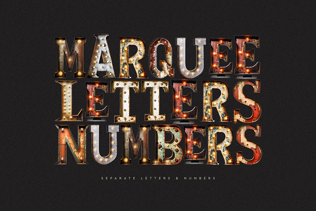 Marquee light letters PSD spelling marquee letters numbers in rusty bulb lettering on dark grey