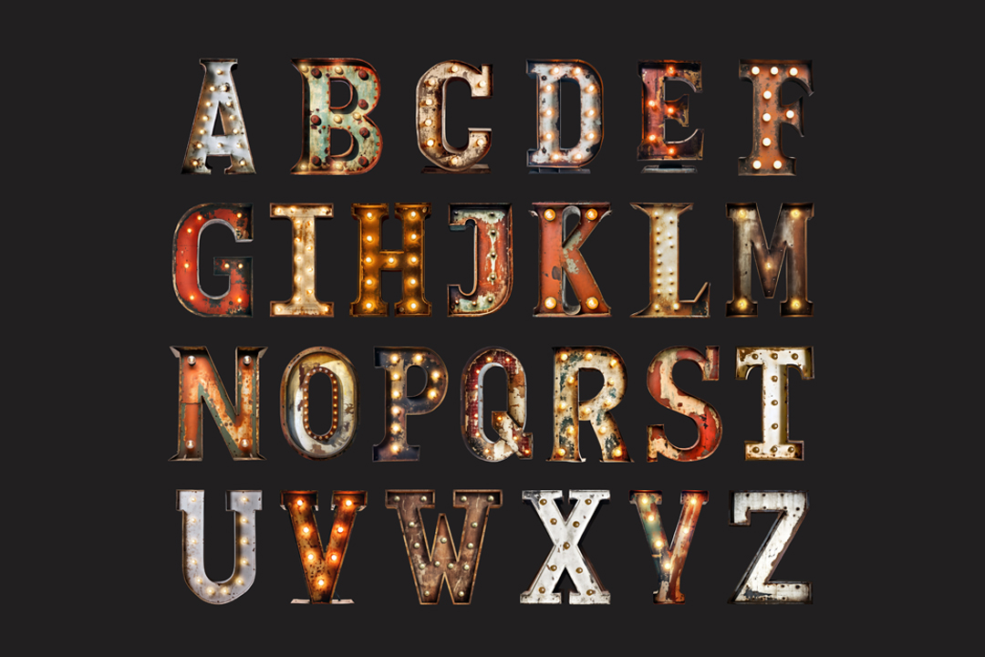 Marquee light letters PSD showing the full A to Z alphabet in rusted metal with glowing bulbs