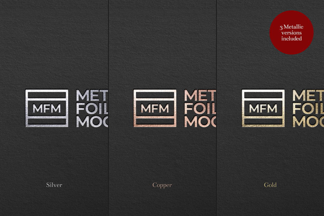 Metallic foil logo mockup showing the same monogram in silver, copper and gold on three black panels