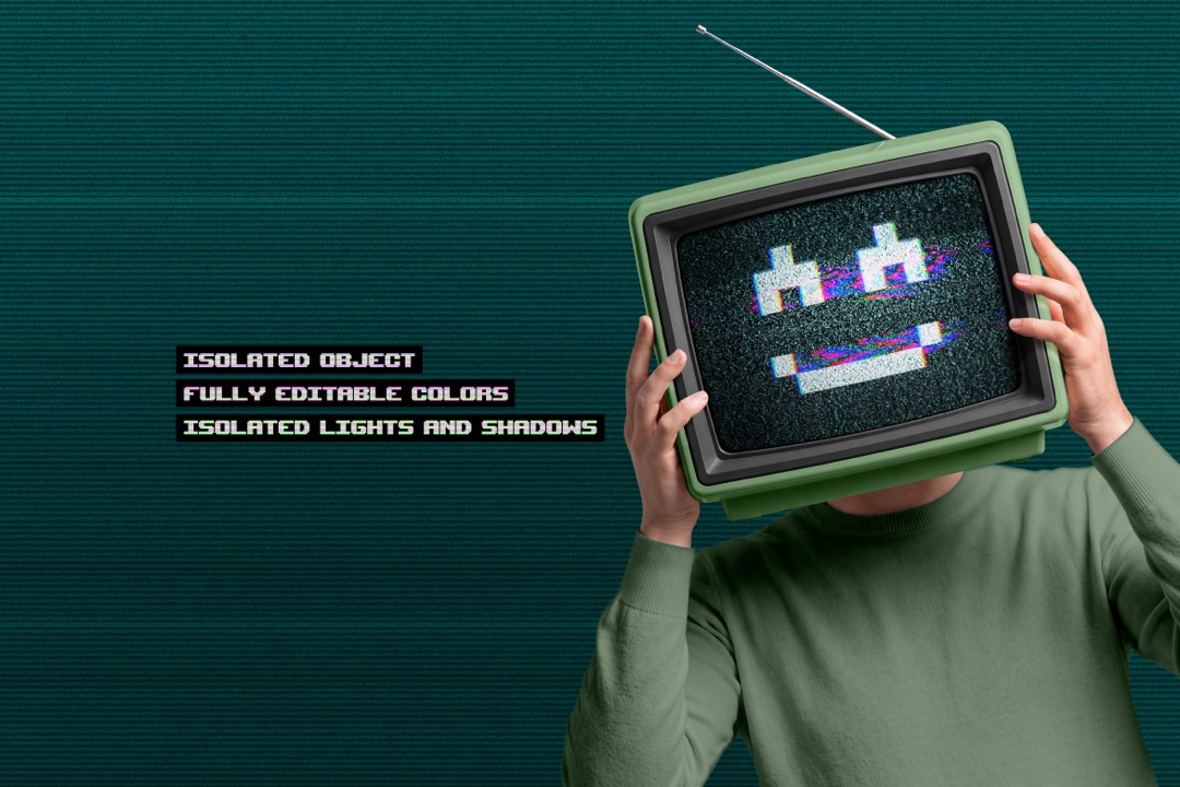 Retro TV head mockup in green with a glitch static screen and pixel face on a dark teal scanline background
