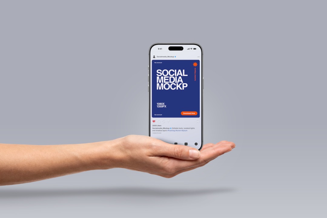 Social media mockup in hand with a white phone on an open palm showing a blue Instagram post.