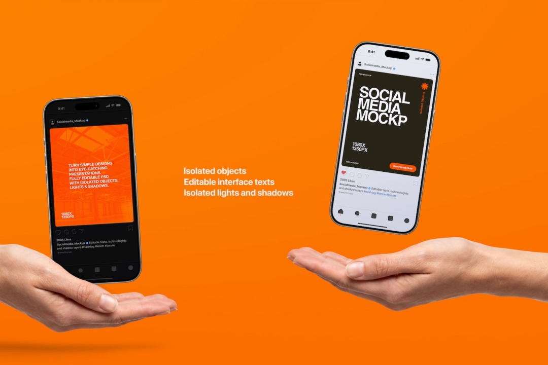 Social media mockup in hand showing black and white phones on open palms against an orange background.