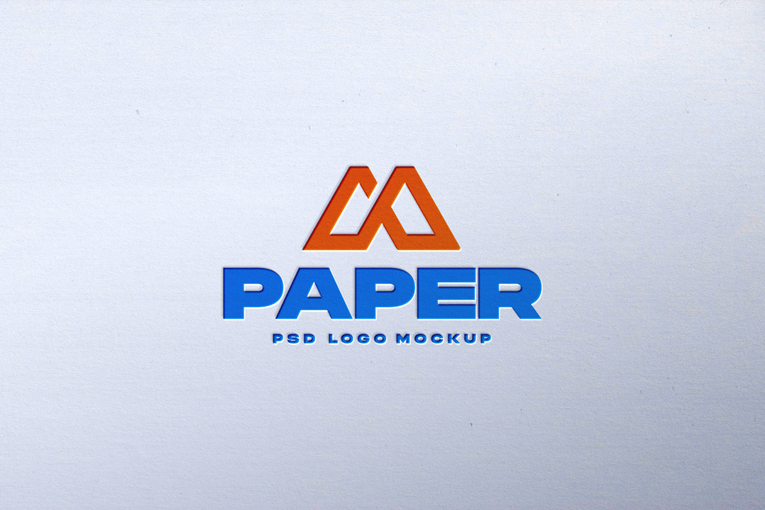 White paper logo mockup with an orange and blue logo debossed into white textured paper, centered