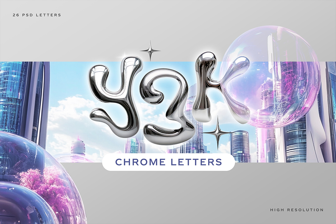 Y3K chrome letters spelling Y3K over a futuristic city skyline with iridescent bubbles and silver sparkles