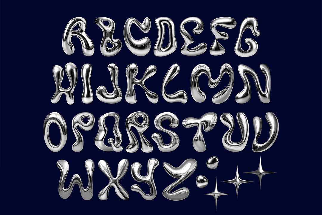 Y3K chrome letters showing the full alphabet A to Z on a dark navy background with star elements