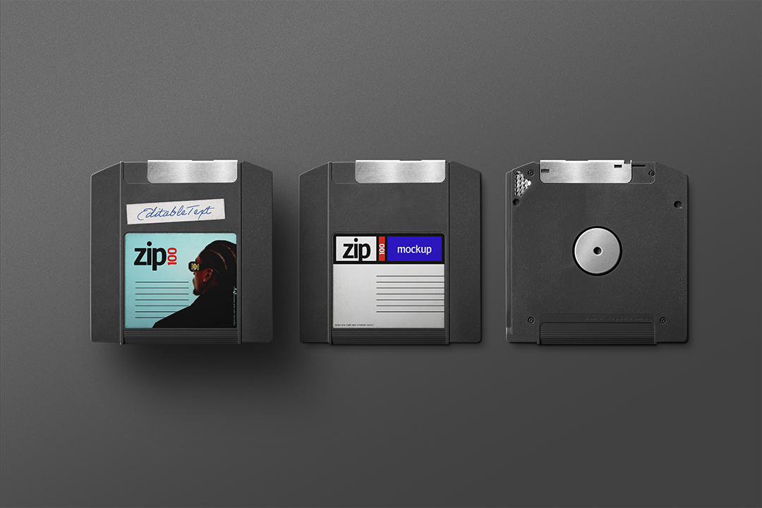 Zip disk mockup set showing three retro 90s disks in a row, two labeled fronts and one back