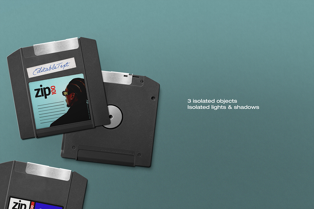 Zip disk mockup set arranged diagonally on a teal background, front label disk overlapping the back shell of another