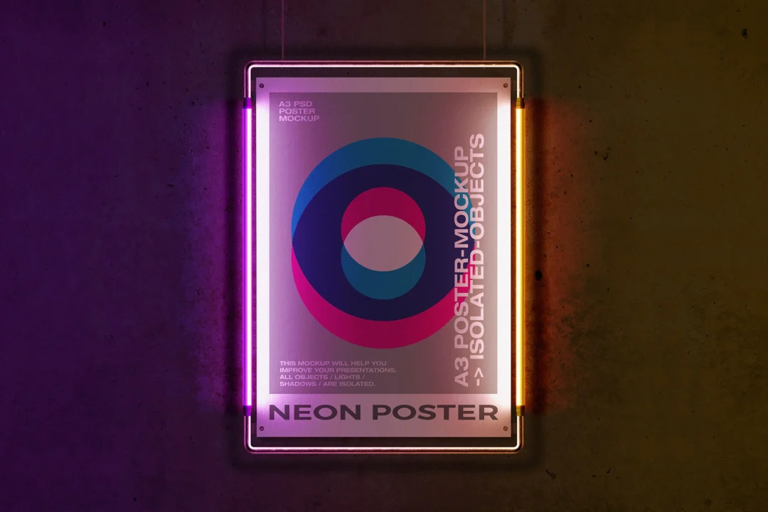 A3 neon poster mockup hanging on a dark concrete wall between a purple and an orange neon tube