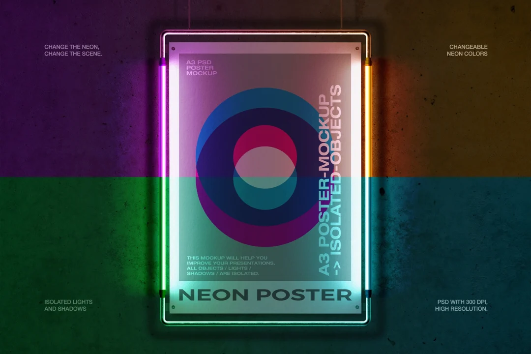 A3 neon poster mockup with split lighting showing purple, orange, green and teal neon tube colors on concrete