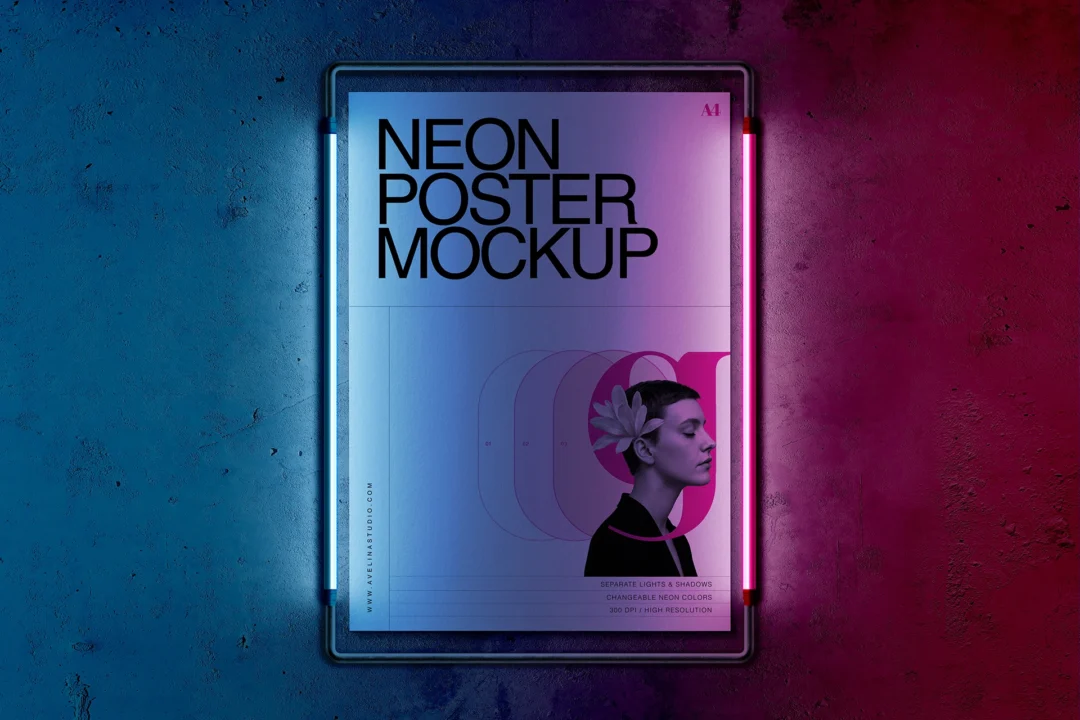 A4 neon poster mockup in vertical metal frame on concrete wall, lit by a blue and a pink neon tube