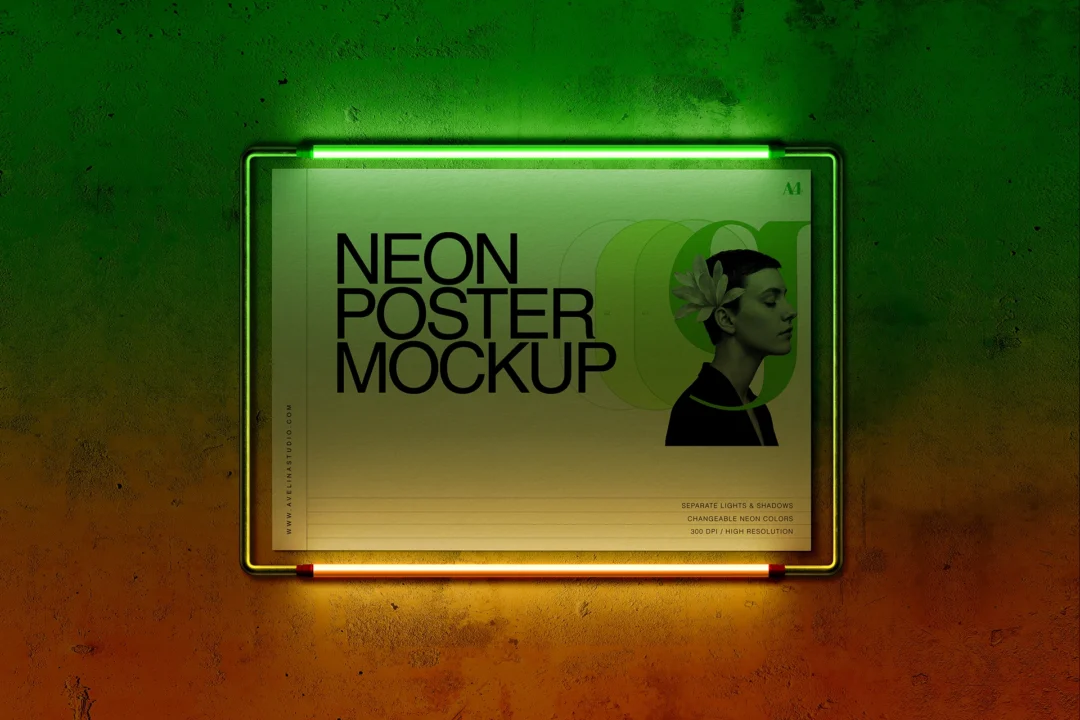 A4 neon poster mockup in horizontal wall frame with a green neon tube on top and orange below