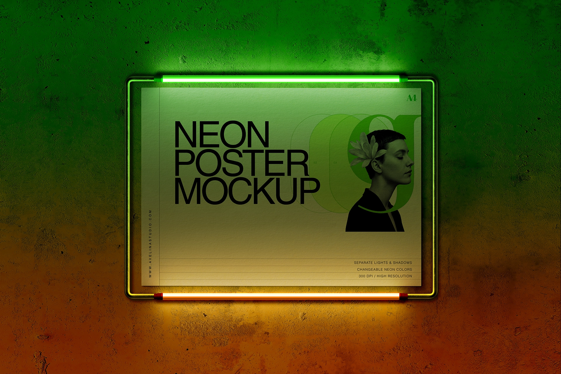 A4 neon poster mockup in horizontal wall frame with a green neon tube on top and orange below