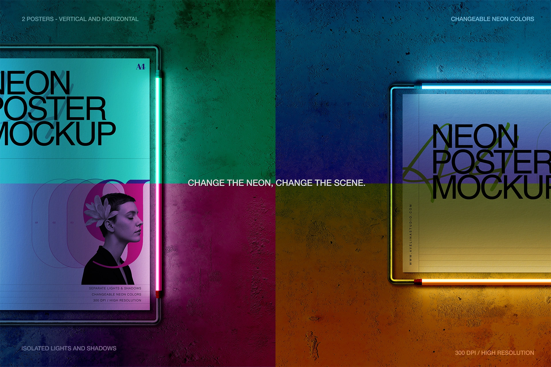 A4 neon poster mockup comparison of vertical and horizontal frames on concrete, each split into different neon tube colors