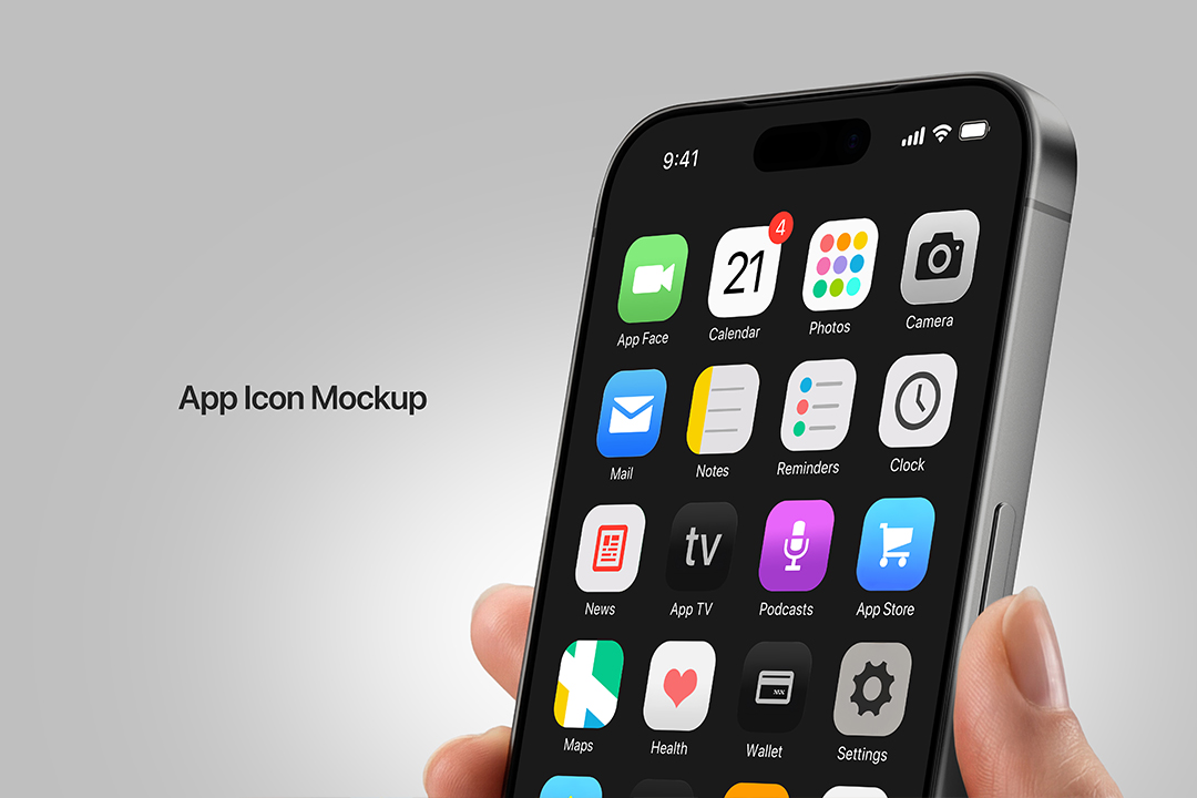 App icon mockup in hand, phone home screen filled with app icons and labels, held at an angle.