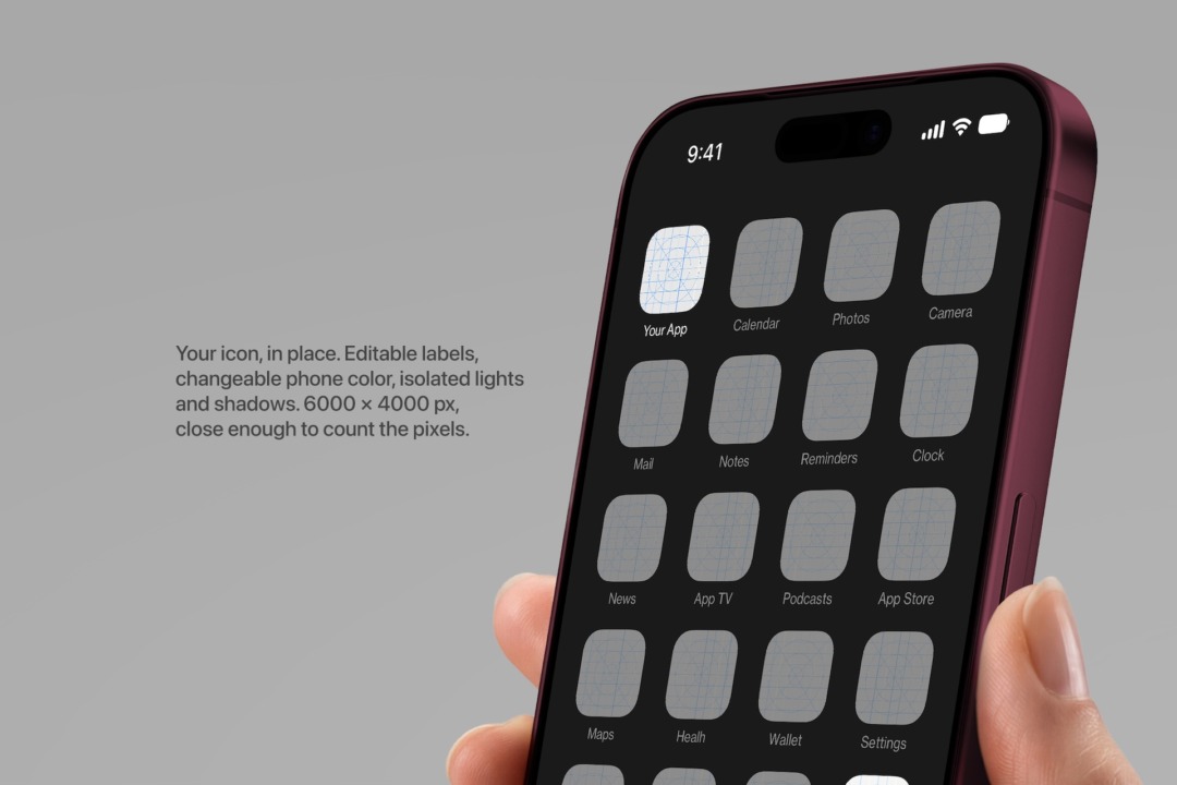 App icon mockup in hand showing twenty blank icon smart objects with editable labels and notification badges on screen.