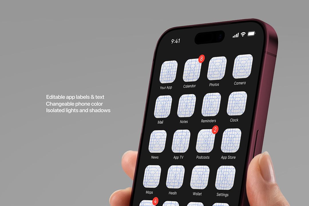 App icon mockup in hand showing twenty blank icon smart objects with editable labels and notification badges on screen.