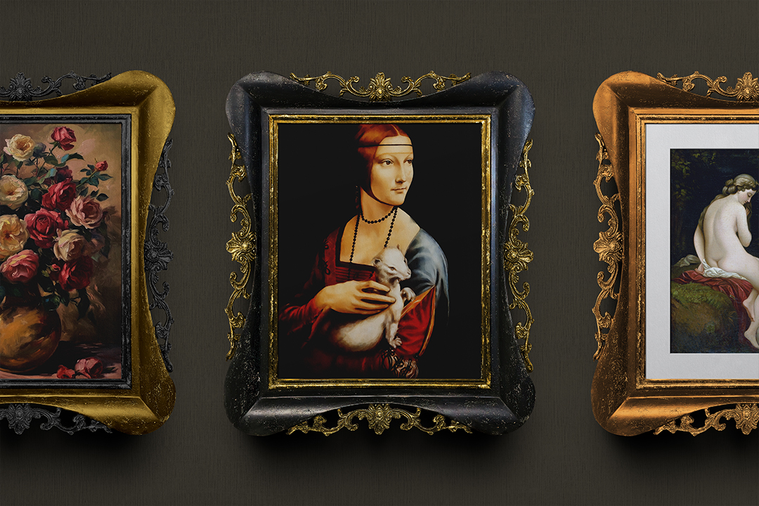 Baroque frame mockup with three ornate gold and black frames hanging in a row on dark wall