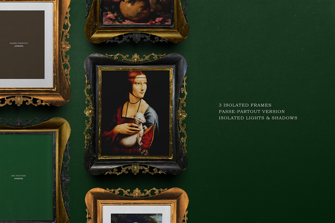 Baroque frame mockup on green wall showing passe-partout version with white mat around classical painting