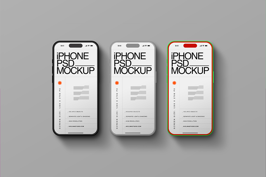 Clay iPhone mockup with three matte phones in black, grey and red standing side by side on grey