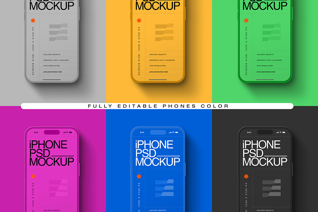 Clay iPhone mockup showing the same phone in six body colours, grey, yellow, green, magenta, blue and black