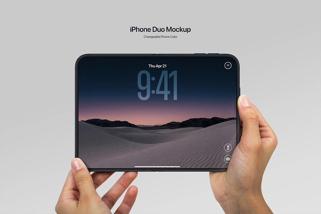 Foldable phone mockup in hand, two hands holding the unfolded device straight on against a light grey background