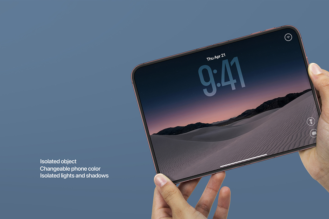 Foldable phone mockup in hand seen at an angle on a blue background, fingers gripping the copper metal frame