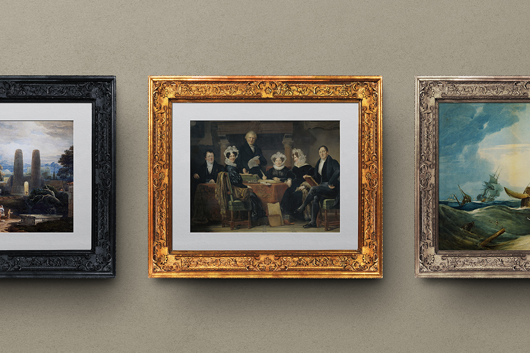 Horizontal frame mockup, three carved frames in gold, black and silver hanging in a row on a wall.