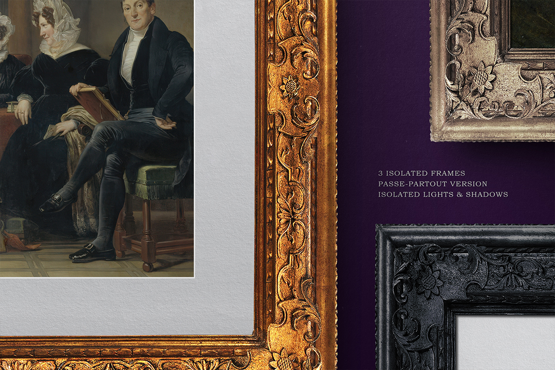 Horizontal frame mockup detail, gilded corner ornament and white passe-partout with the gold and black frames behind.
