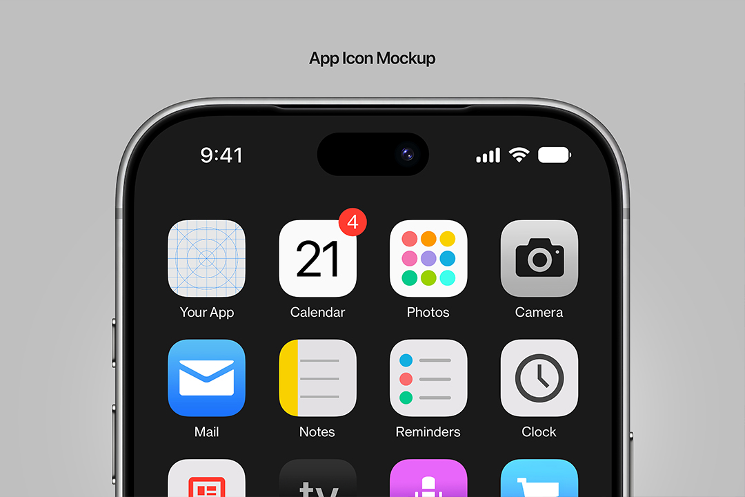 iOS app icon mockup, silver iPhone showing the icon grid with app labels and a red notification badge.