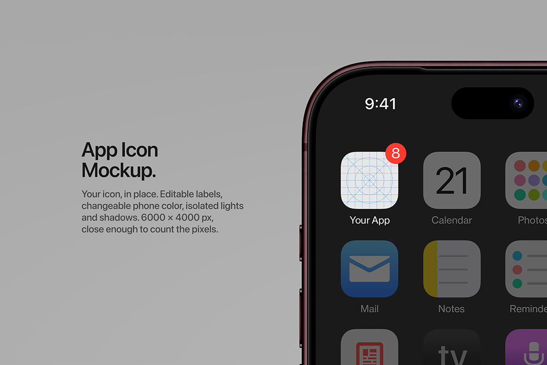 iOS app icon mockup in dark red, editable icon slot with blue grid guide next to the presentation text.