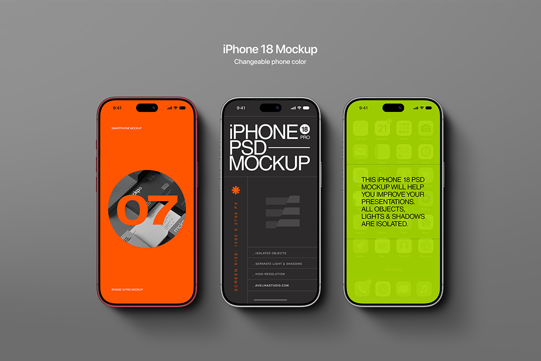 iPhone 18 mockup with three flat-lay phones aligned on a grey surface, red silver and black frames