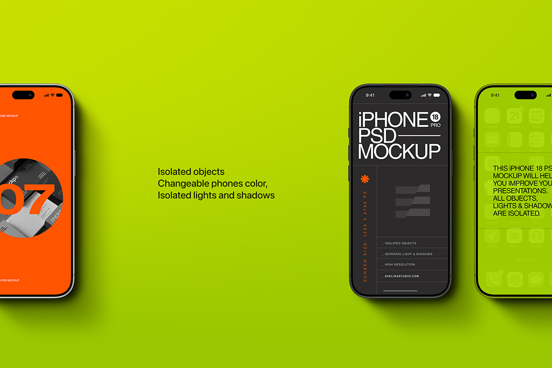 iPhone 18 mockup layout on a green background showing two phones, screen artwork and the feature list