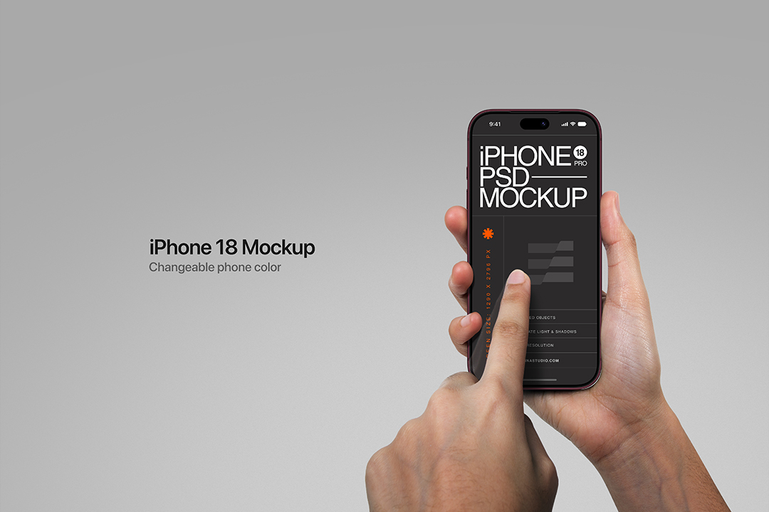 iPhone 18 mockup in hand, one hand holding the dark phone while a finger taps the screen