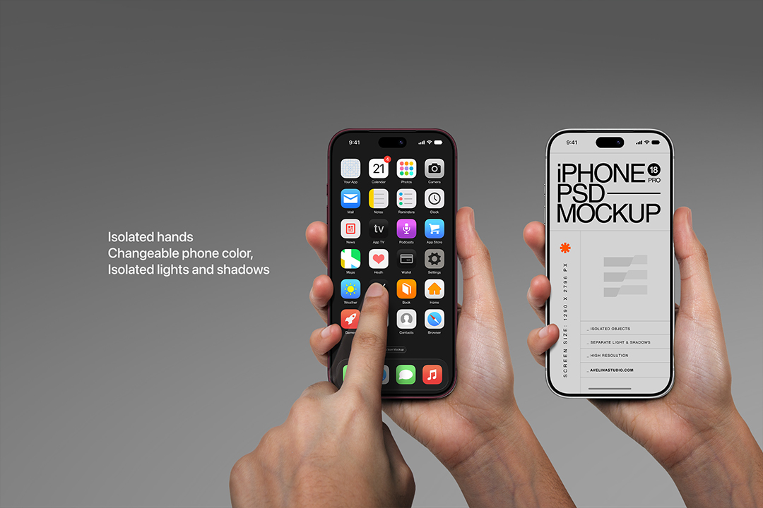 iPhone 18 mockup pair held in hands, dark phone showing app icons beside a white phone on grey