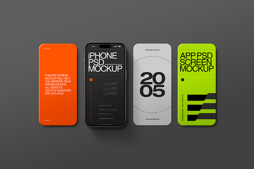 iPhone app screen mockup with one black phone and three standalone app screens in a row on grey concrete