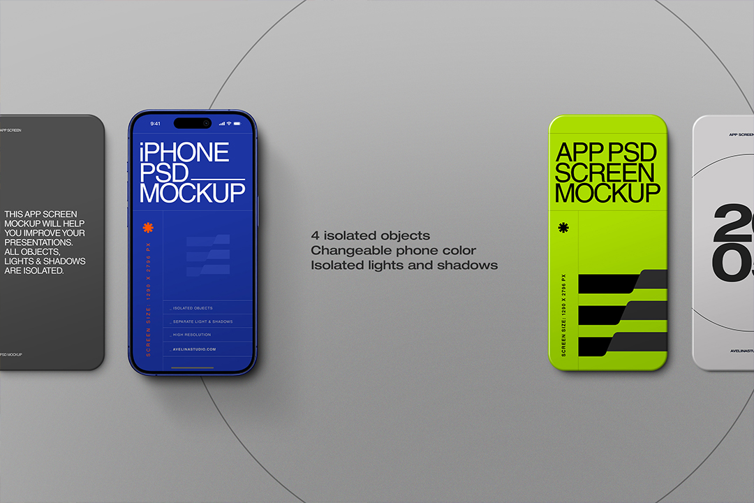 iPhone app screen mockup on light grey background, phone beside green and white app screens