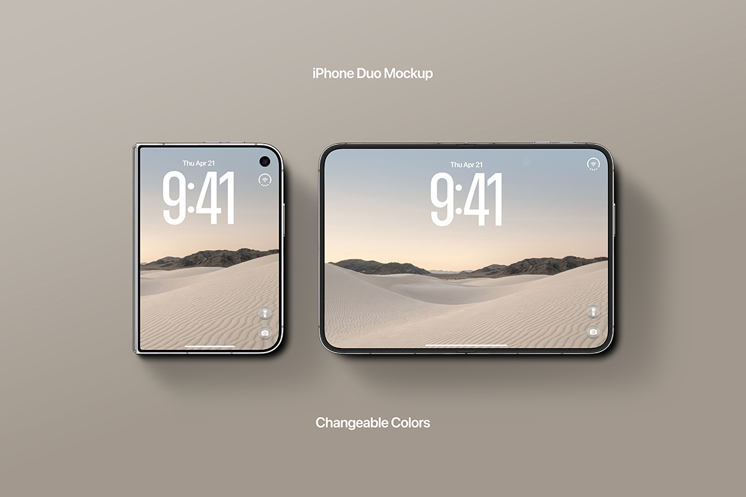 iPhone Duo mockup showing one folded phone with cover screen beside one unfolded phone, flat top view