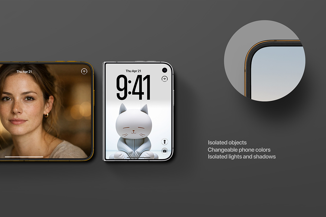 iPhone Duo mockup in gold and silver frames on dark grey, with the rounded screen corner enlarged at right