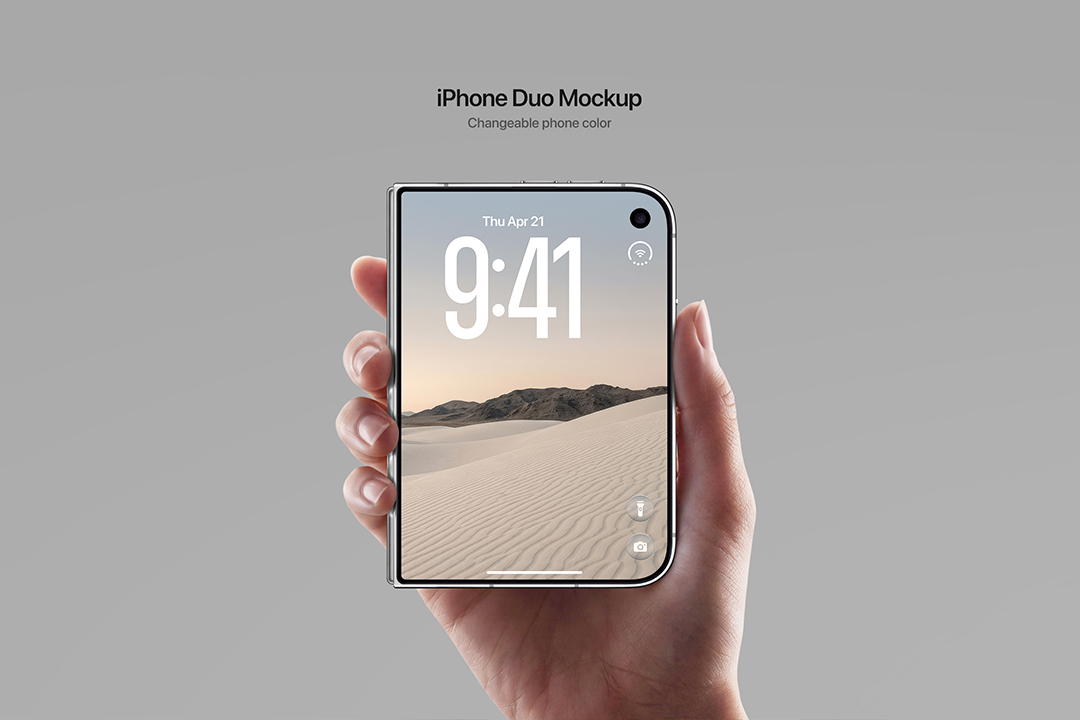 iPhone Duo mockup in hand, one hand holding the folded phone straight on, cover screen facing the viewer