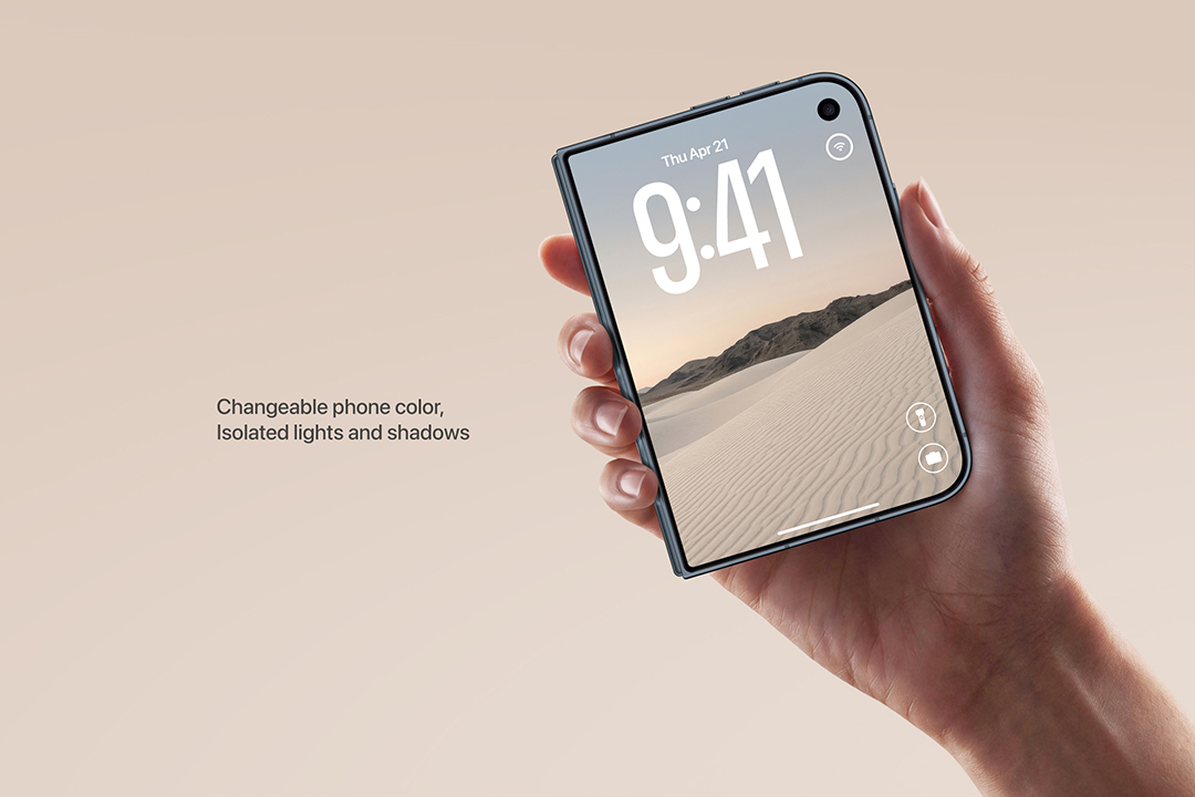 iPhone Duo mockup in hand tilted at an angle, fingers wrapped around the frame with the hinge edge visible