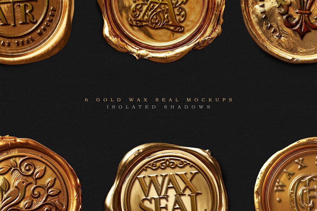 Metallic gold wax seal mockup stamps framing the edges of a dark textured surface with centered gold lettering