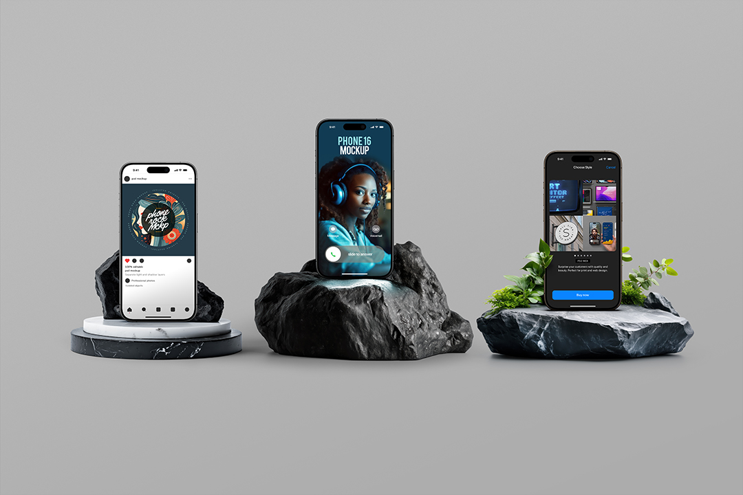 Stone podium iPhone mockup with three phones standing on black rocks and marble podium against grey background