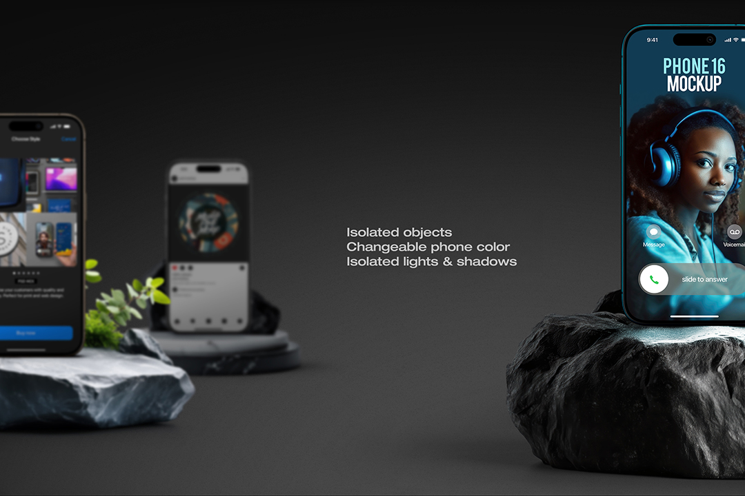 Stone podium iPhone mockup on dark background, one phone in focus on black rock, two blurred behind