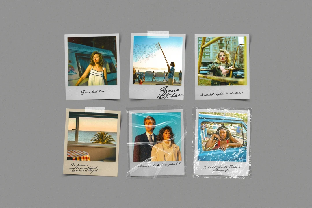 Taped polaroid mockup, six instant photos in a flat-lay grid on grey, two taped and two wrapped in plastic