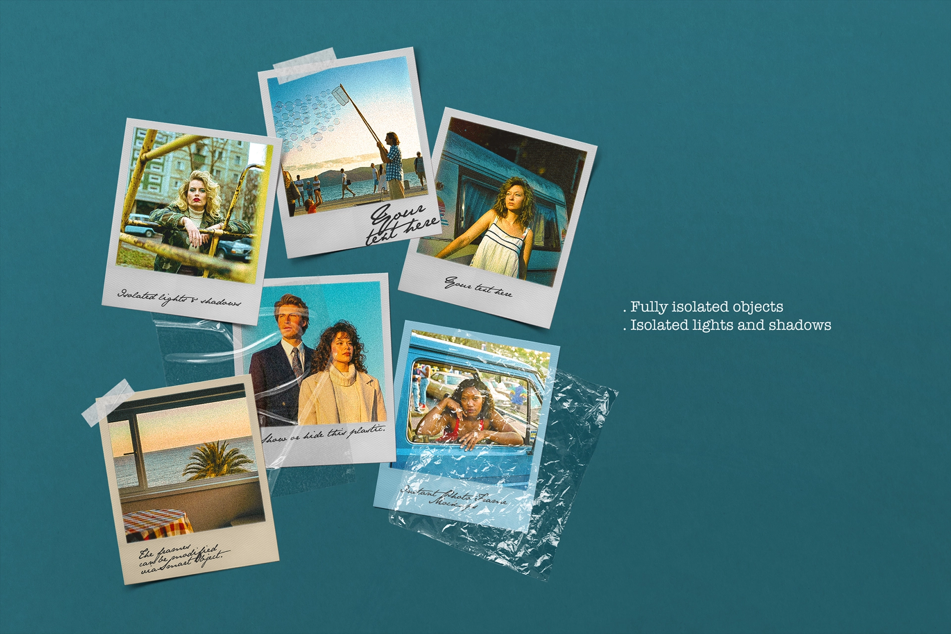 Taped polaroid mockup scattered at angles on a teal background, six instant photos with white film borders and soft shadows