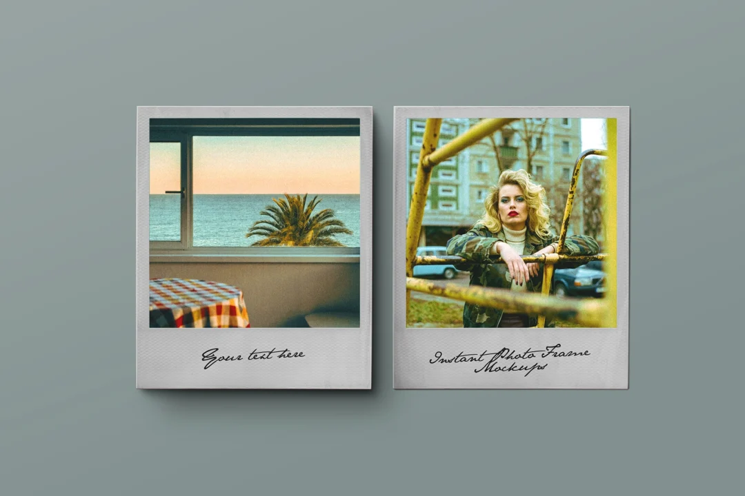 Vintage polaroid mockup, two instant photos standing side by side on a grey-green background with soft shadows
